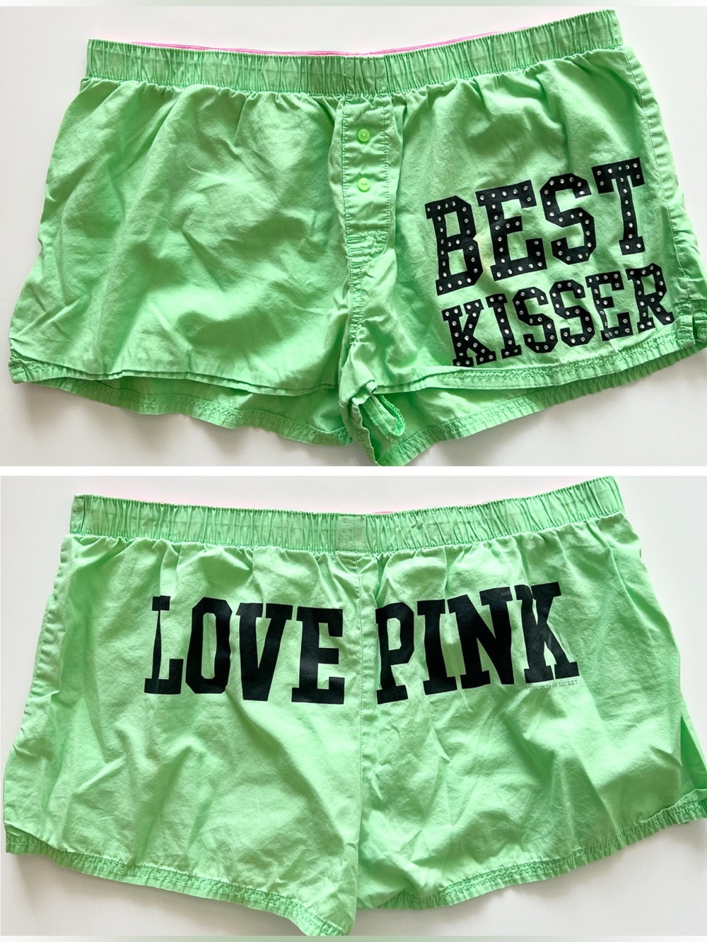 RARE Victoria’s Secret Pink Best Kisser Neon Green Studded Boxer Sleep Shorts S